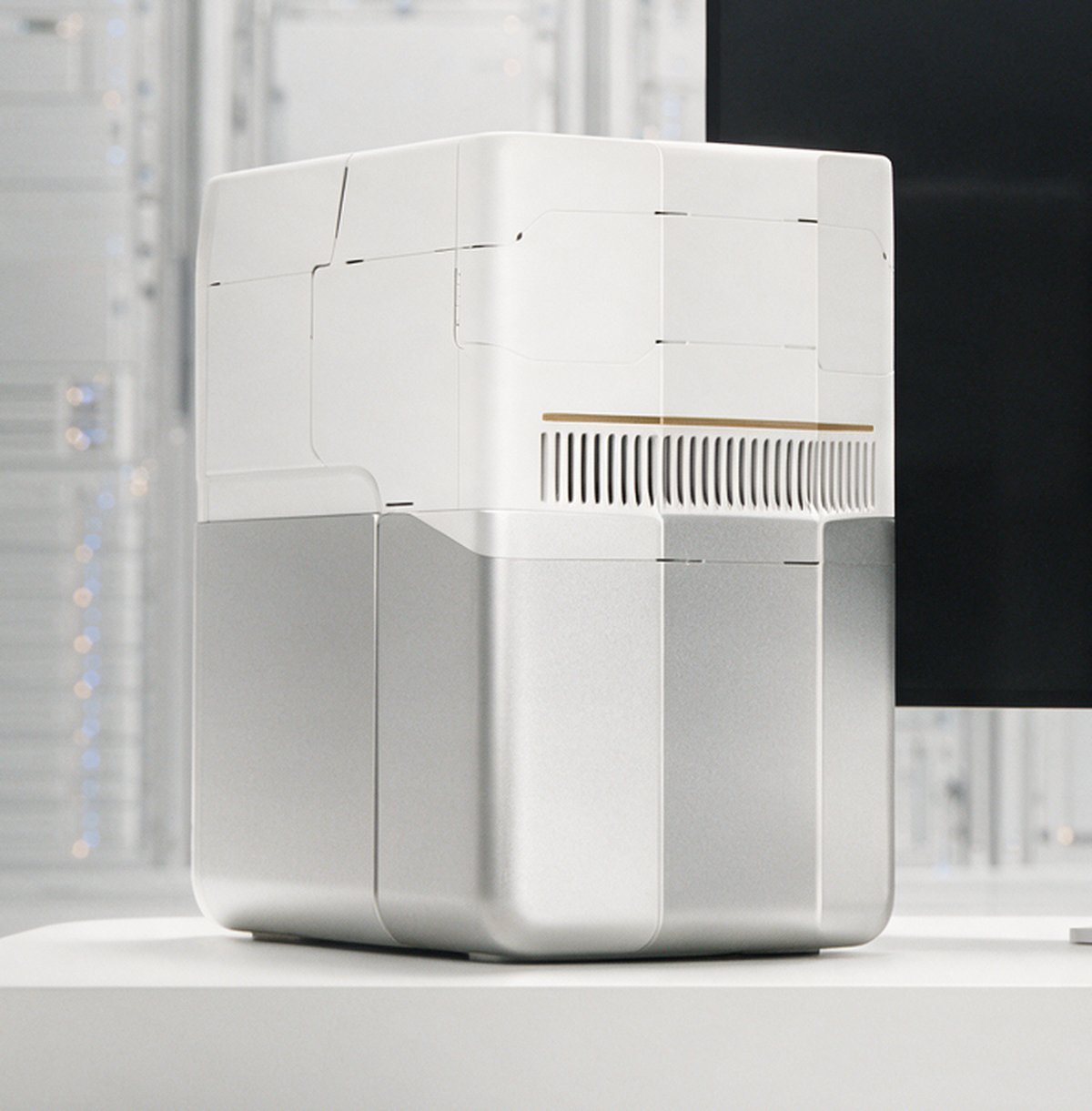 Macro detail of the Praefex workstation — precision vents and indicator lights.